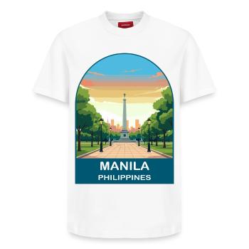 Manila, Philippinen Vintage-Reiseillustration - Relaxed Unisex Supima Cotton T-Shirt – von SPREAD - Weiß - Vorne - AI Model Female 172 dark (172cm) & AI Model Male 185 dark (185cm)
