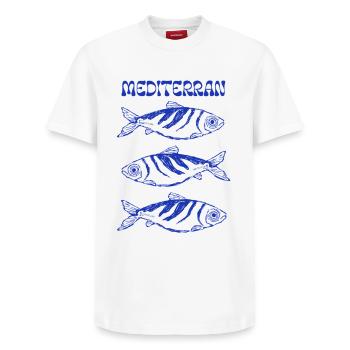 Sardines - Trilogie méditerranéenne - T-shirt unisexe décontracté en coton Supima – de SPREAD - blanc - Devant - AI Model Female 172 dark (172cm) & AI Model Male 185 dark (185cm)