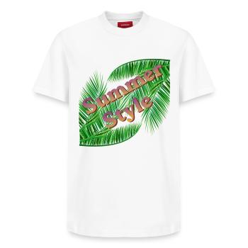 Style estival avec palmiers - T-shirt unisexe décontracté en coton Supima – de SPREAD - blanc - Devant - AI Model Female 172 dark (172cm) & AI Model Male 185 dark (185cm)