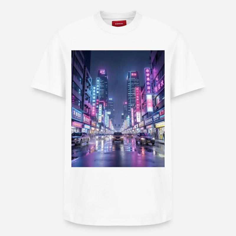 Paysage urbain de pluie néon - T-shirt unisexe décontracté en coton Supima – de SPREAD - blanc