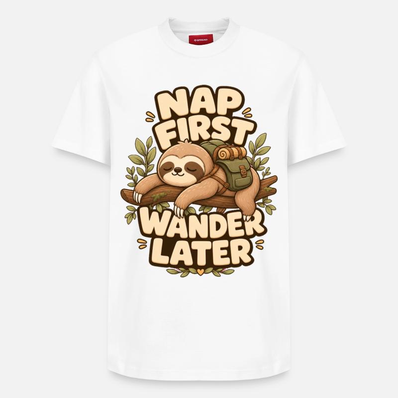 Nap First Wander Later Faultier - Relaxed Unisex Supima Cotton T-Shirt – von SPREAD - Weiß