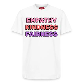 Empathy Kindness Fairness  - Relaxed Unisex Supima Cotton T-Shirt – by SPREAD - white - Front - AI Model Female 172 dark (172cm) & AI Model Male 185 dark (185cm)