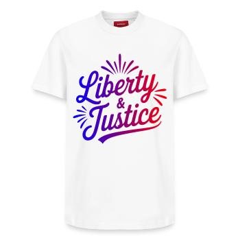 Liberty & Justice Print - Relaxed Unisex Supima Cotton T-Shirt – by SPREAD - white - Front - AI Model Female 172 dark (172cm) & AI Model Male 185 dark (185cm)