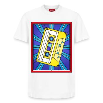 Stained Glass Cassette Tape Illustration - Relaxed Unisex Supima Cotton T-Shirt – by SPREAD - white - Front - AI Model Female 172 dark (172cm) & AI Model Male 185 dark (185cm)