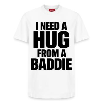 I Need A Hug From A Baddie Lustiger Spruch - Relaxed Unisex Supima Cotton T-Shirt – by SPREAD - white - Front - AI Model Female 172 dark (172cm) & AI Model Male 185 dark (185cm)