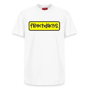 Frechdachs Kinder T-Shirt Lustig Geschenk Humor - Relaxed Unisex Supima Cotton T-Shirt – von SPREAD - Weiß - Vorne - AI Model Female 172 dark (172cm) & AI Model Male 185 dark (185cm)