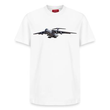 IL-76 - Relaxed Unisex Supima Cotton T-Shirt – by SPREAD - white - Front - AI Model Female 172 dark (172cm) & AI Model Male 185 dark (185cm)