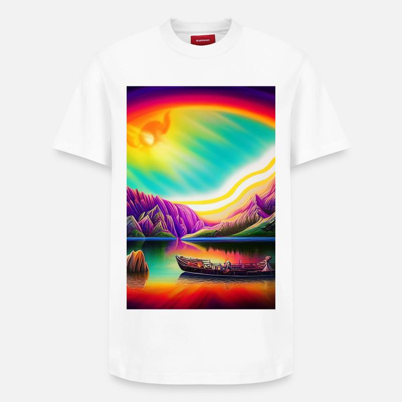 Landschaft mit See, Boot und Berge - Relaxed Unisex Supima Cotton T-Shirt – von SPREAD - Weiß