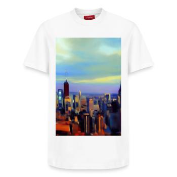 New York City Skyline - Relaxed Unisex Supima Cotton T-Shirt – by SPREAD - white - Front - AI Model Female 172 dark (172cm) & AI Model Male 185 dark (185cm)