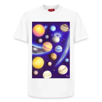 Espace et planètes - T-shirt unisexe décontracté en coton Supima – de SPREAD - blanc - Devant - AI Model Female 172 dark (172cm) & AI Model Male 185 dark (185cm)