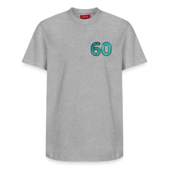 Number 60 - 60th Birthday - Relaxed Unisex Supima Cotton T-Shirt – by SPREAD - white - Front - AI Model Female 172 dark (172cm) & AI Model Male 185 dark (185cm)