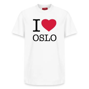 J’AIME OSLO Norvège - T-shirt unisexe décontracté en coton Supima – de SPREAD - blanc - Devant - AI Model Female 172 dark (172cm) & AI Model Male 185 dark (185cm)