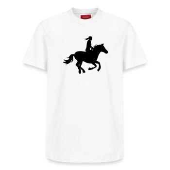 Silhouette Reiterin mit galoppierendem Pferd - Relaxed Unisex Supima Cotton T-Shirt – von SPREAD - Weiß - Vorne - AI Model Female 172 dark (172cm) & AI Model Male 185 dark (185cm)