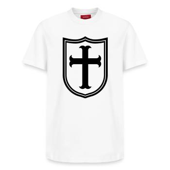 templar knight - Relaxed Unisex Supima Cotton T-Shirt – by SPREAD - white - Front - AI Model Female 172 dark (172cm) & AI Model Male 185 dark (185cm)
