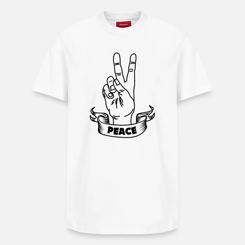 Handgeste Frieden und Textbanner - Relaxed Unisex Supima Cotton T-Shirt – von SPREAD - Weiß