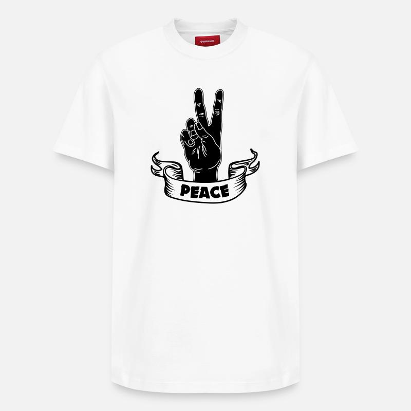 Schwarzer Handfrieden mit Text FRIEDEN - Relaxed Unisex Supima Cotton T-Shirt – von SPREAD - Weiß