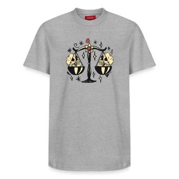 Waage mit Totenköpfen - Relaxed Unisex Supima Cotton T-Shirt – von SPREAD - Weiß - Vorne - AI Model Female 172 dark (172cm) & AI Model Male 185 dark (185cm)