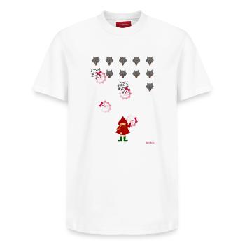 Little Red Riding Hood Play - Relaxed Unisex Supima Cotton T-Shirt – by SPREAD - white - Front - AI Model Female 172 dark (172cm) & AI Model Male 185 dark (185cm)