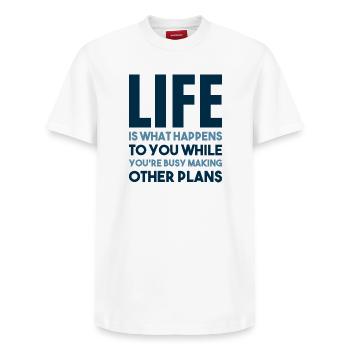Life happens - Relaxed Unisex Supima Cotton T-Shirt – by SPREAD - white - Front - AI Model Female 172 dark (172cm) & AI Model Male 185 dark (185cm)
