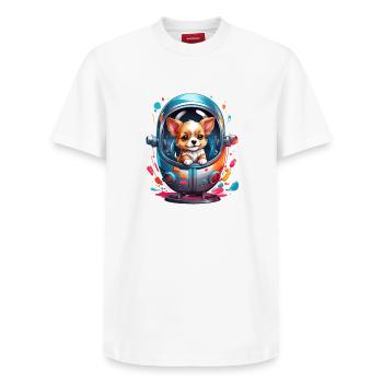 Space puppy in spacesuit - Relaxed Unisex Supima Cotton T-Shirt – by SPREAD - white - Front - AI Model Female 172 dark (172cm) & AI Model Male 185 dark (185cm)