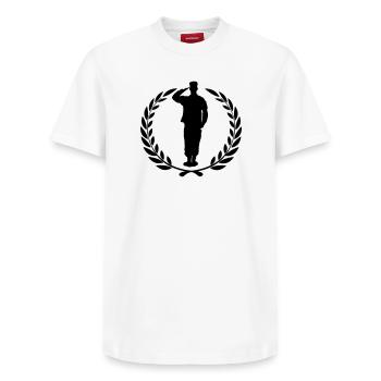 Respect soldier laurel wreath greets - Relaxed Unisex Supima Cotton T-Shirt – by SPREAD - white - Front - AI Model Female 172 dark (172cm) & AI Model Male 185 dark (185cm)