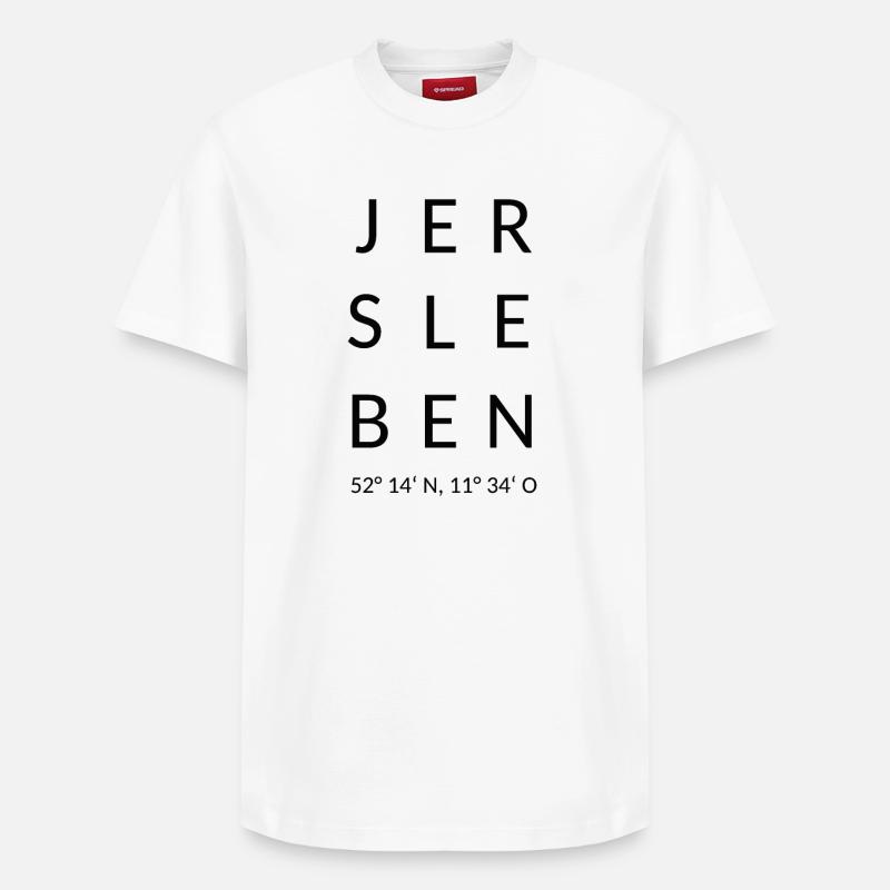 Jersleben avec longitude et latitude - T-shirt unisexe décontracté en coton Supima – de SPREAD - blanc