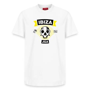 IBIZA – Bachelor Party under Palm Trees - Relaxed Unisex Supima Cotton T-Shirt – by SPREAD - white - Front - AI Model Female 172 dark (172cm) & AI Model Male 185 dark (185cm)
