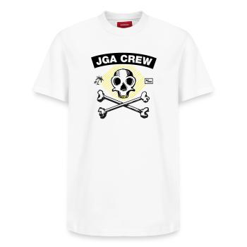 JGA Crew - Skull and Bones - Relaxed Unisex Supima Cotton T-Shirt – by SPREAD - white - Front - AI Model Female 172 dark (172cm) & AI Model Male 185 dark (185cm)
