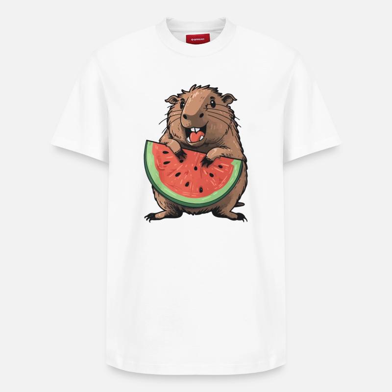 Capybara mangeant de la pastèque - T-shirt unisexe décontracté en coton Supima – de SPREAD - blanc