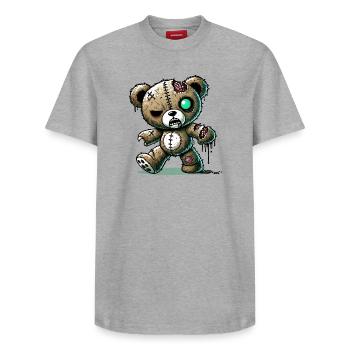 Creepy Zombie Teddy for Halloween Fun - Relaxed Unisex Supima Cotton T-Shirt – by SPREAD - white - Front - AI Model Female 172 dark (172cm) & AI Model Male 185 dark (185cm)