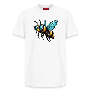 Bee - Relaxed Unisex Supima Cotton T-Shirt – by SPREAD - white - Front - AI Model Female 172 dark (172cm) & AI Model Male 185 dark (185cm)