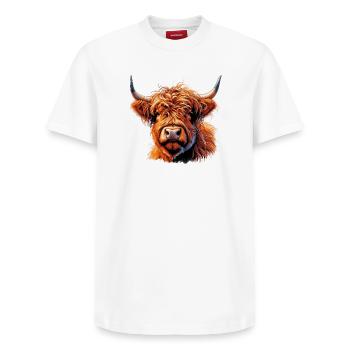 Vache écossaise des Highlands - T-shirt unisexe décontracté en coton Supima – de SPREAD - blanc - Devant - AI Model Female 172 dark (172cm) & AI Model Male 185 dark (185cm)