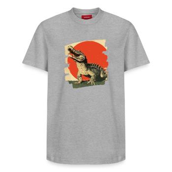 Krokodil - Relaxed Unisex Supima Cotton T-Shirt – von SPREAD - Grau meliert - Vorne - AI Model Female 172 dark (172cm) & AI Model Male 185 dark (185cm)