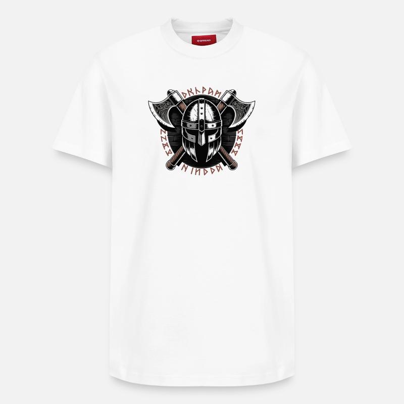 Wikinger-Krieger-Schild und Axt-Emblem - Relaxed Unisex Supima Cotton T-Shirt – von SPREAD - Weiß