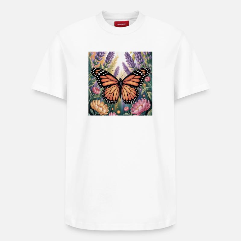 Papillon monarque vibrant Amidlavender fleurit - T-shirt unisexe décontracté en coton Supima – de SPREAD - blanc