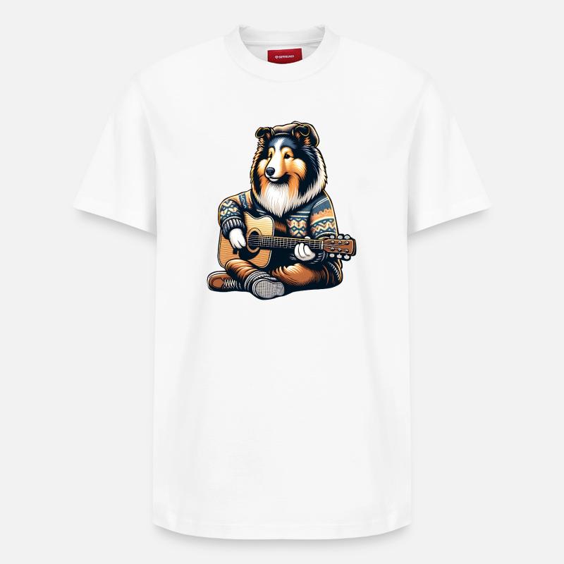 Collie Mit Akustikgitarre Im Strickpullover - Relaxed Unisex Supima Cotton T-Shirt – von SPREAD - Weiß