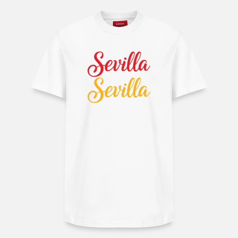 Sevilla Script Duo Rot Gelb Retro - Relaxed Unisex Supima Cotton T-Shirt – von SPREAD - Weiß