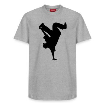 B-Boy Silhouette – Breakdance Power Move Handstand - Relaxed Unisex Supima Cotton T-Shirt – by SPREAD - white - Front - AI Model Female 172 dark (172cm) & AI Model Male 185 dark (185cm)