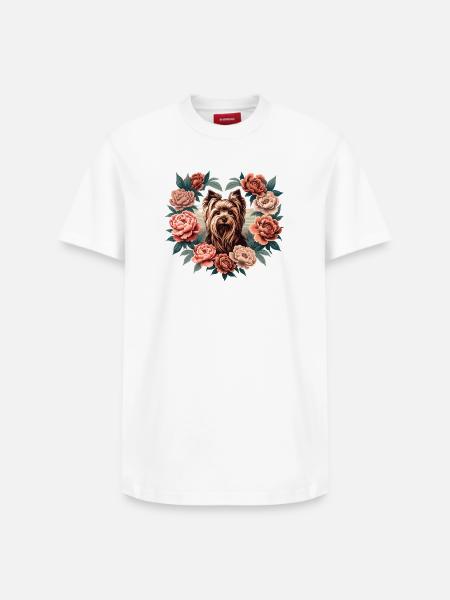 Floral Terrier in Peony Frame - Relaxed Unisex Supima Cotton T-Shirt – by SPREAD - white