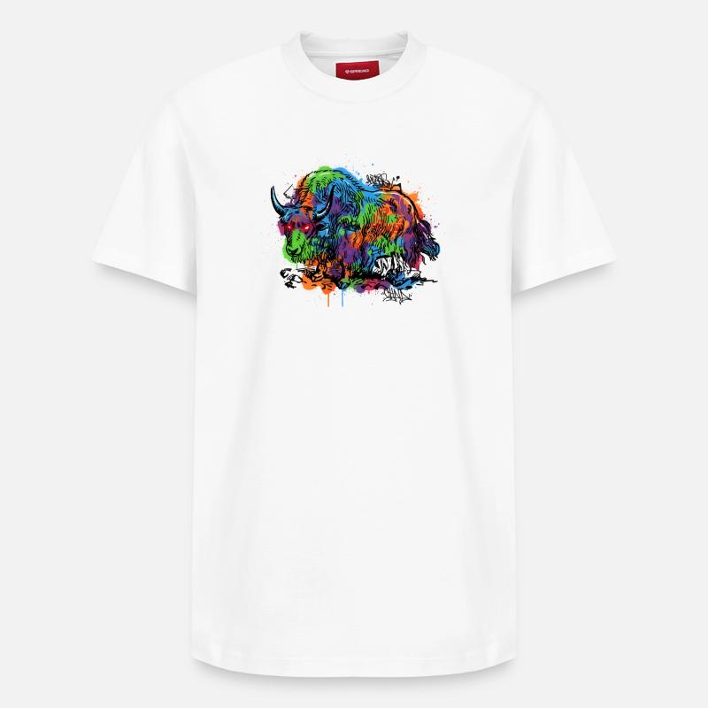 Rainbow Yak Graffiti Pattern - Relaxed Unisex Supima Cotton T-Shirt – by SPREAD - white