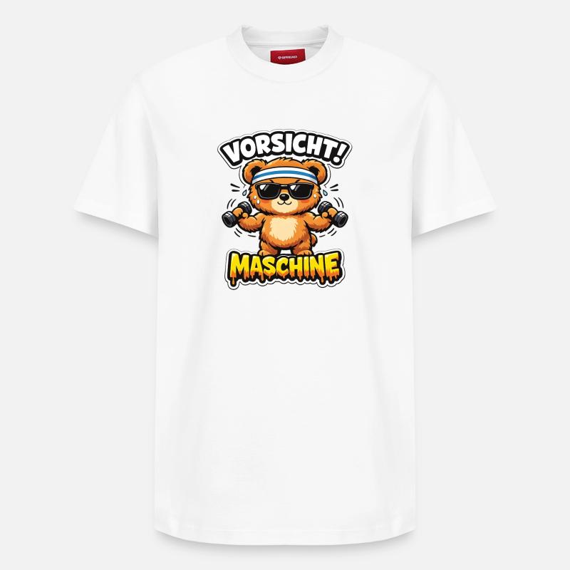 Caution Machine Bear with Dumbbells - Relaxed Unisex Supima Cotton T-Shirt – by SPREAD - white