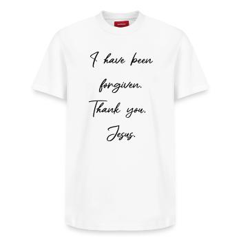 I am forgiven - Jesus Christ has paid - Relaxed Unisex Supima Cotton T-Shirt – by SPREAD - white - Front - AI Model Female 172 dark (172cm) & AI Model Male 185 dark (185cm)
