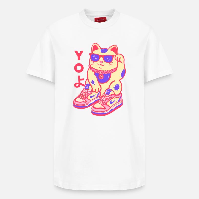 Chat basket néon Kawaii Maneki - T-shirt unisexe décontracté en coton Supima – de SPREAD - blanc