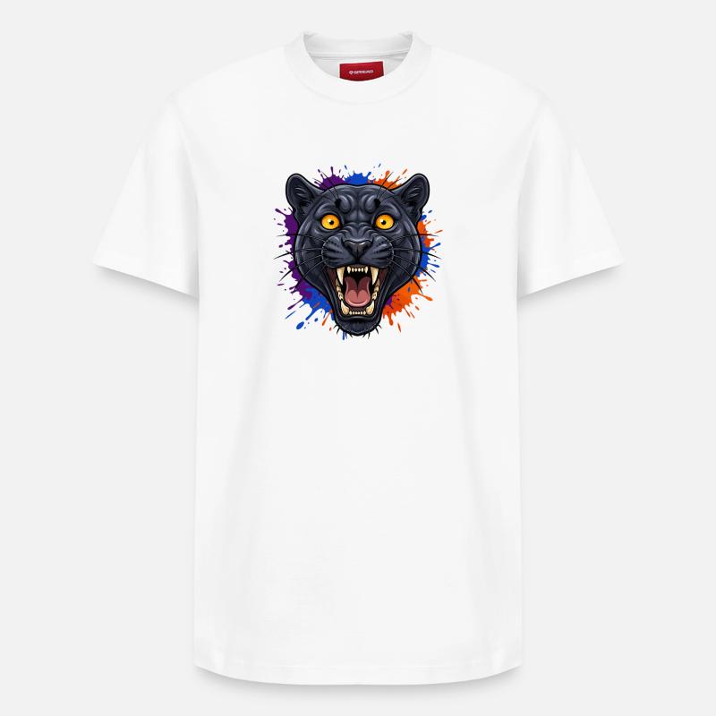 Schwarzer Pantherkopf mit Farbklecks - Relaxed Unisex Supima Cotton T-Shirt – von SPREAD - Weiß