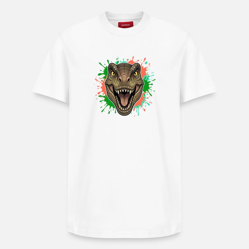 T-Rex Neon Paint Splatter Kopf - Relaxed Unisex Supima Cotton T-Shirt – von SPREAD - Weiß