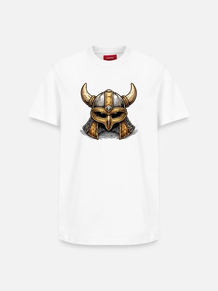 Vikinghelm mit Hörnern Goldbraun - Relaxed Unisex Supima Cotton T-Shirt – von SPREAD - Weiß