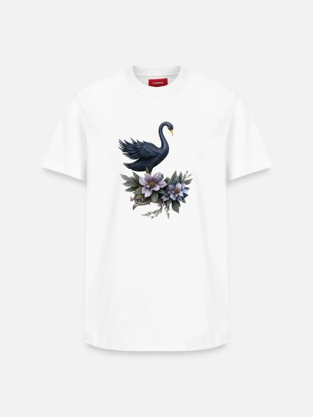 Schwarzer Schwan mit Fliederblüten - Relaxed Unisex Supima Cotton T-Shirt – von SPREAD - Weiß