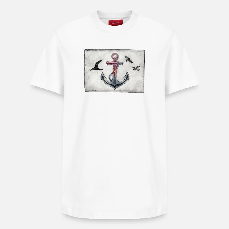 Anker mit Möwen - handgeschnitzte Druckvorlage - Relaxed Unisex Supima Cotton T-Shirt – von SPREAD - Weiß