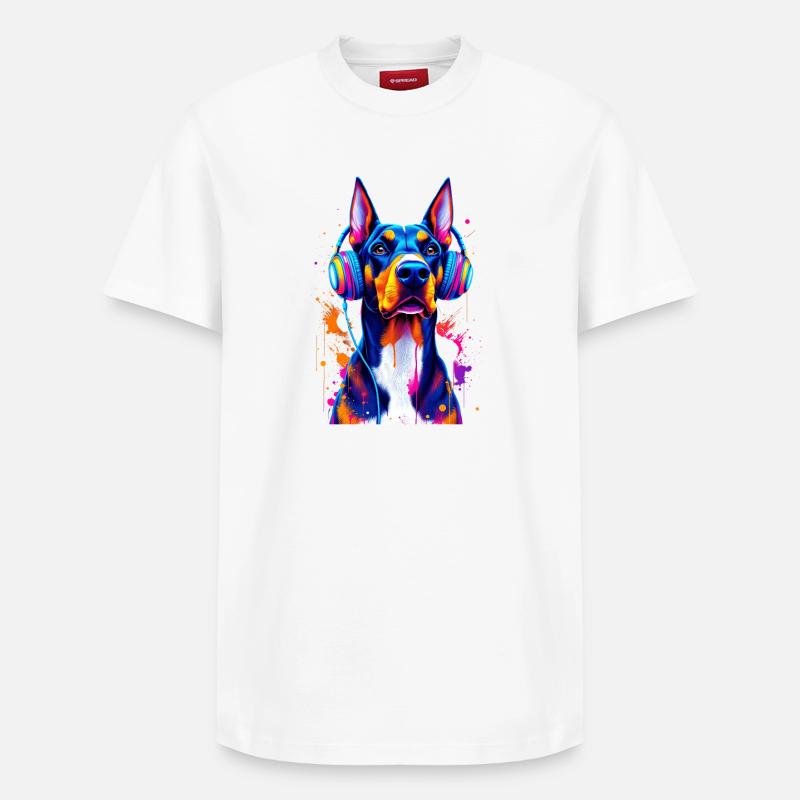 Dobermann mit Kopfhörern - Relaxed Unisex Supima Cotton T-Shirt – von SPREAD - Weiß