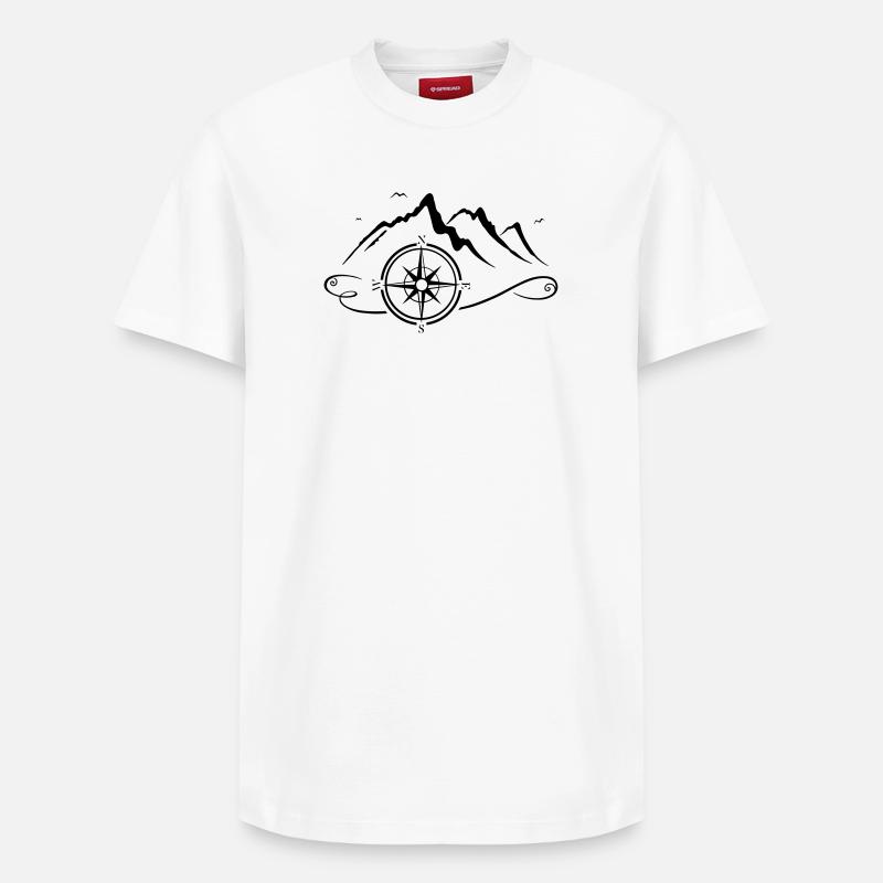 Wanderbild mit Bergen und Kompass - Relaxed Unisex Supima Cotton T-Shirt – von SPREAD - Weiß